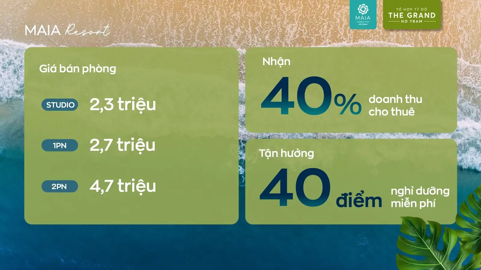 Chương trình cho thuê tại Maia Resort Hồ Tràm áp dụng nguyên tắc chia sẻ 40% trên tổng doanh thu