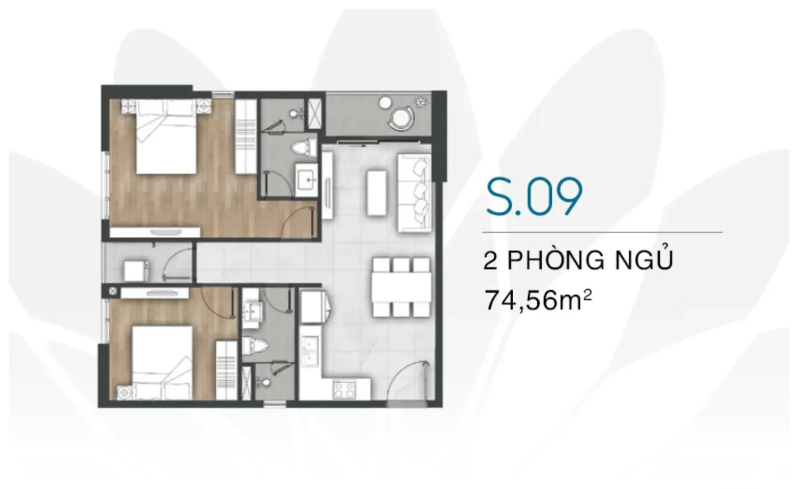 Sơ đồ thiết kế mặt bằng căn hộ 2 phòng ngủ 75m2 Vũng Tàu Pearl
