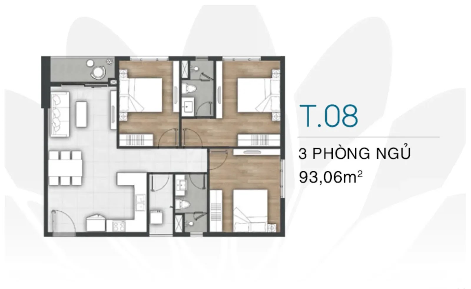 Sơ đồ mặt bằng chi tiết căn hộ 3 phòng ngủ Mẫu C 93m2 94m2 Vũng Tàu Pearl