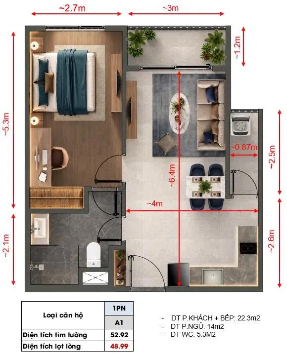 Mặt bằng layout căn hộ 1 phòng ngủ tháp The Lucis TT Genesis