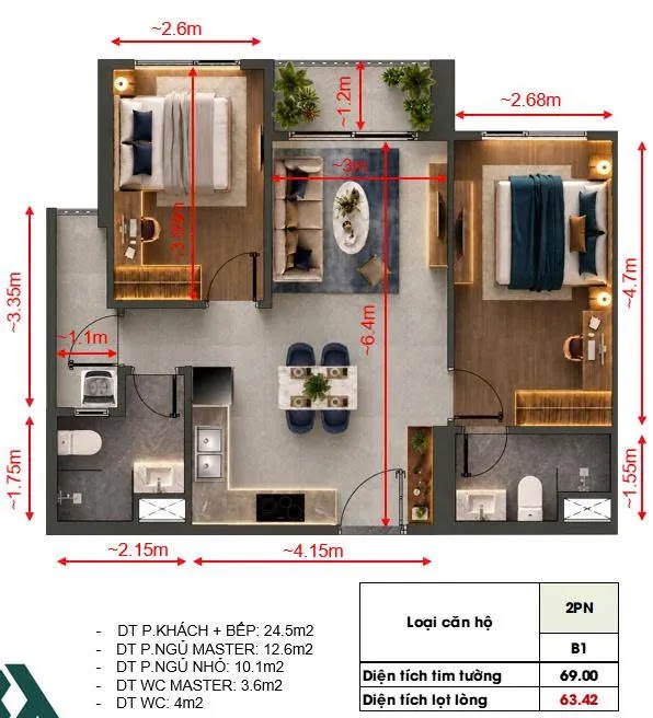 Mặt bằng layout căn hộ 2 phòng ngủ tháp The Lucis TT Genesis