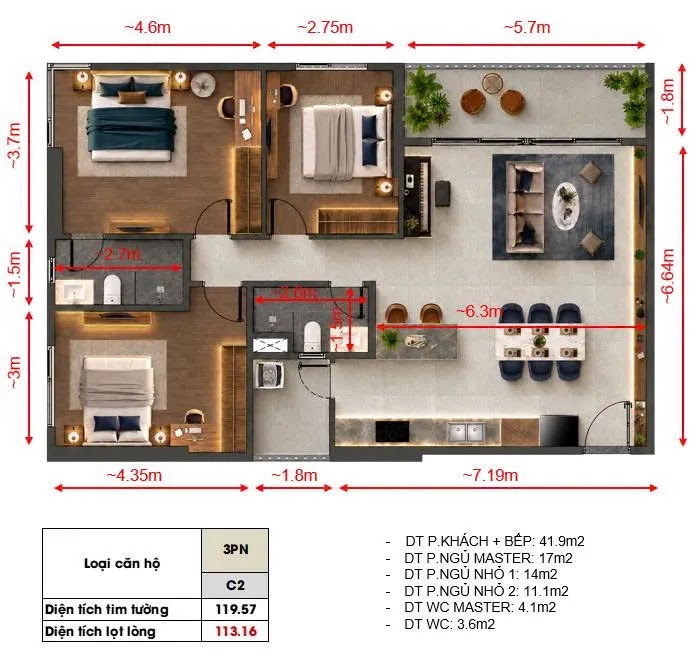 Mặt bằng layout căn hộ 3 phòng ngủ tháp The Lucis TT Genesis