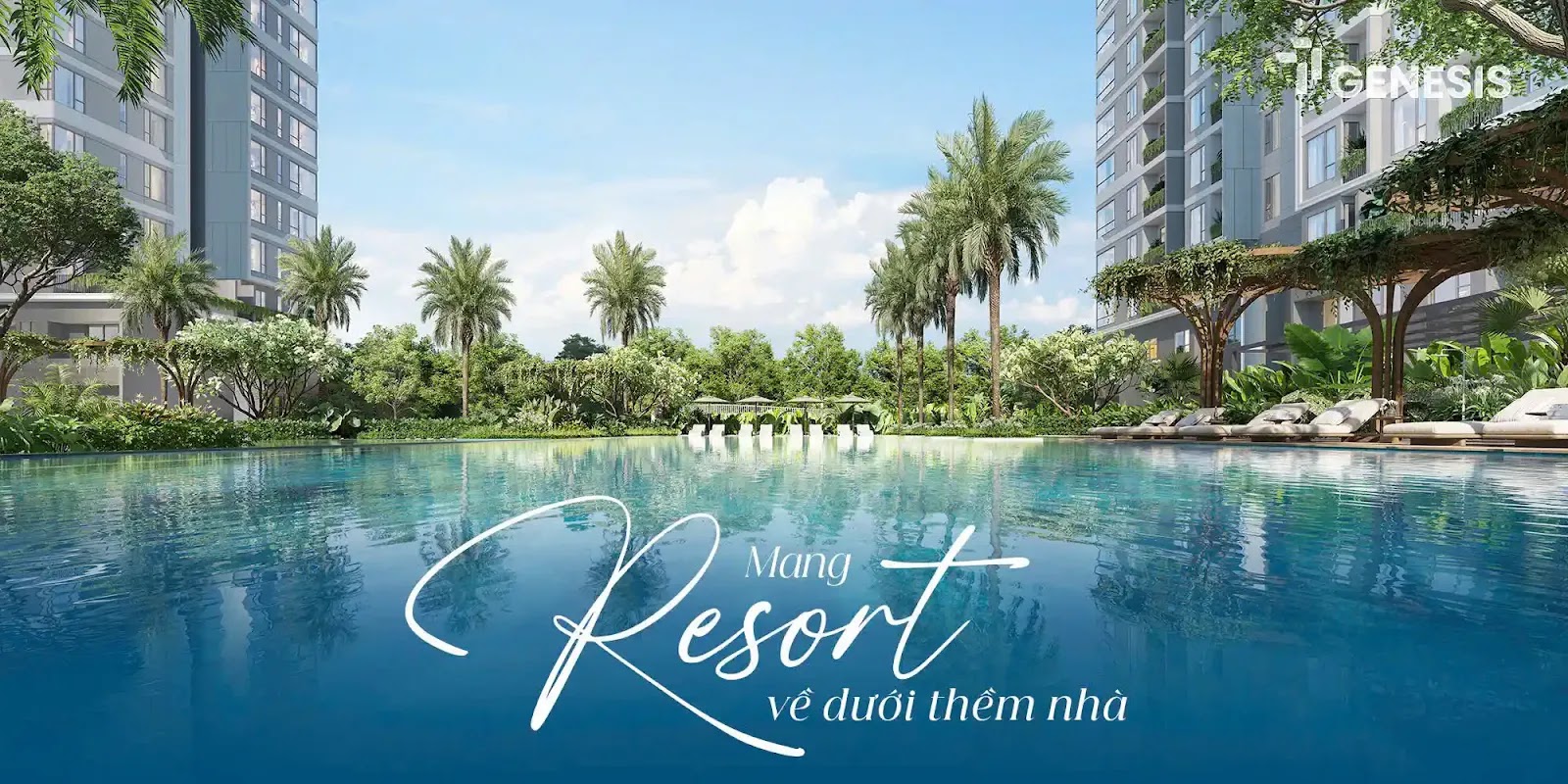 Hồ bơi muối khoáng The Oasis và thác nước cảnh quan tại tiện ích căn hộ TT Genesis