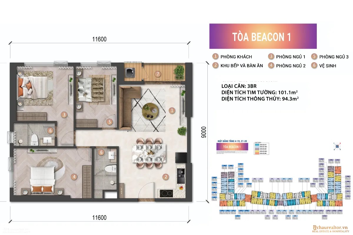 Căn hộ Beacon Tower 3PN | View trực diện biển và Sun World 1 f5ee791c beacon 3pn goc